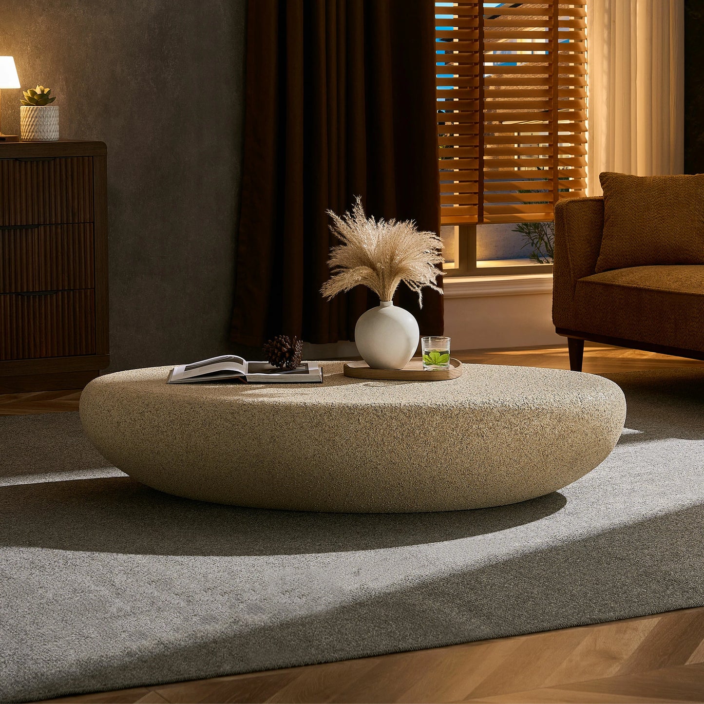 53.35" Elliptical Fiberglass Coffee Table – Matte Rock Texture, No Assembly