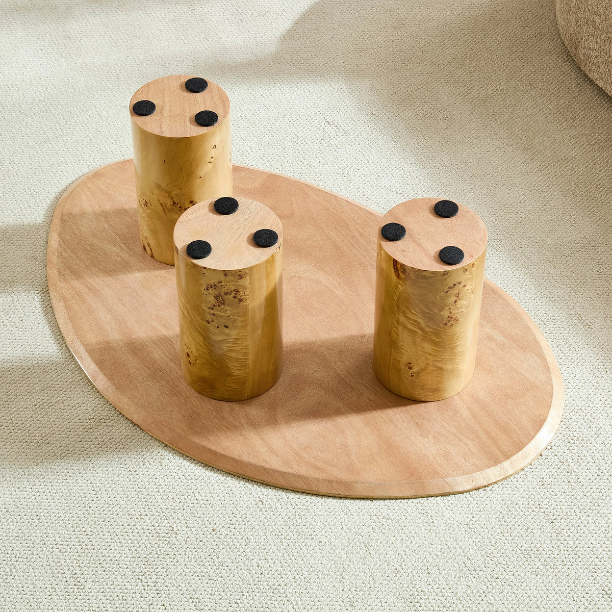 43.31" Burl Veneer Oval Coffee Table – 3 Cylindrical Legs, Mid-Century