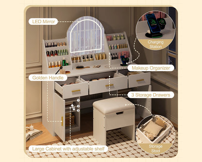 47.2" Makeup Vanity Set with LED Mirror, Storage Stool & Drawers - White