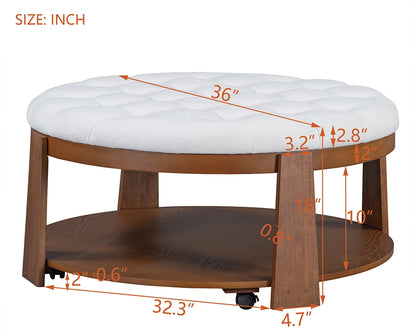 Modern Large Round Ottoman Coffee Table 2-Tier Oversized Button Tufted Ottoman