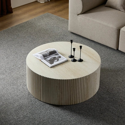 Faux Travertine Round Coffee Table with Eye-Catching Relief Design