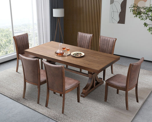 Mid Century Modern 7-Pc Dining Set: Faux Leather Chairs & Rubber Wood Table