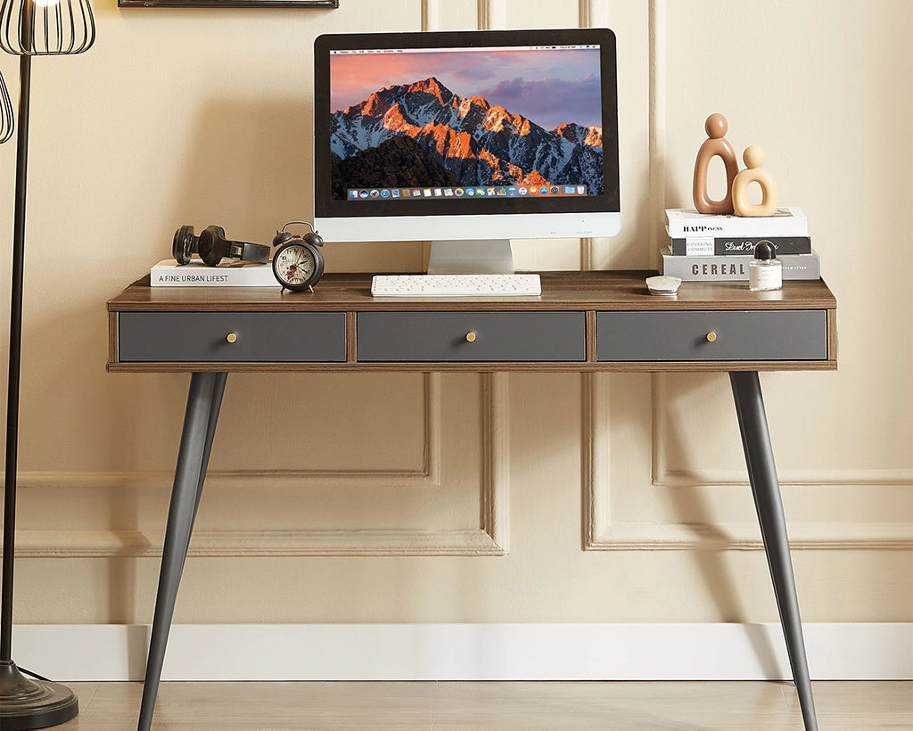 47.24" Mid Century Desk with USB Ports and Power Outlet, Modern Writing Study Desk with Drawers