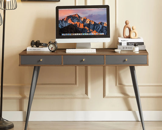 47.24" Mid Century Desk with USB Ports and Power Outlet, Modern Writing Study Desk with Drawers