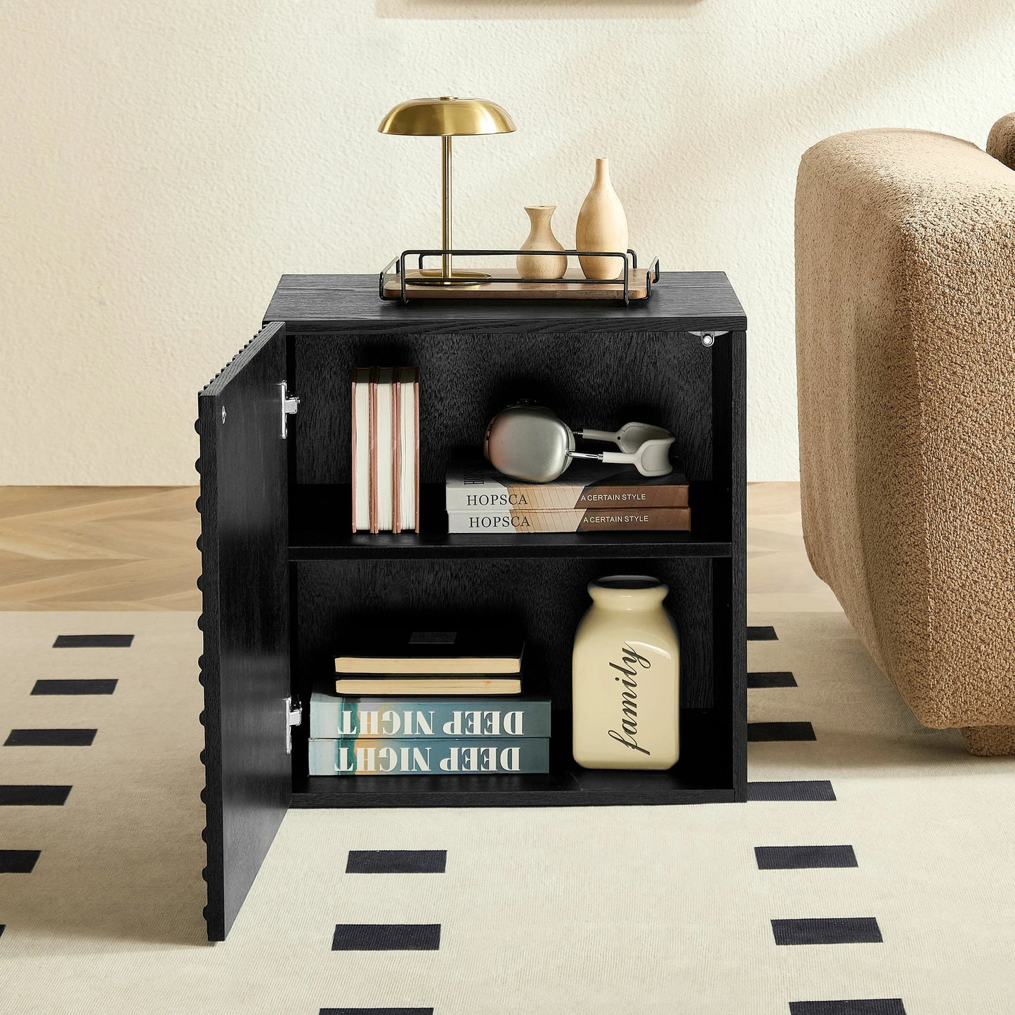 Wooden Side Cabinet – Geometric Embossed Relief, 2 Drawers
