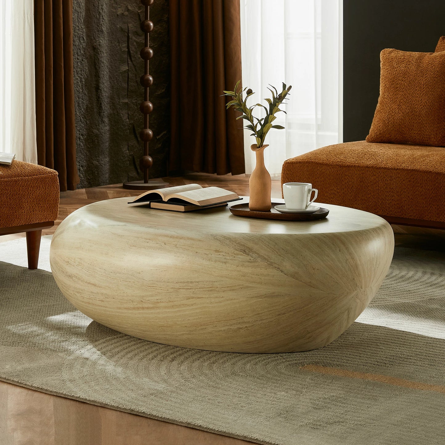 43.31" Elliptical Fiberglass Coffee Table – Matte Rock Texture, No Assembly