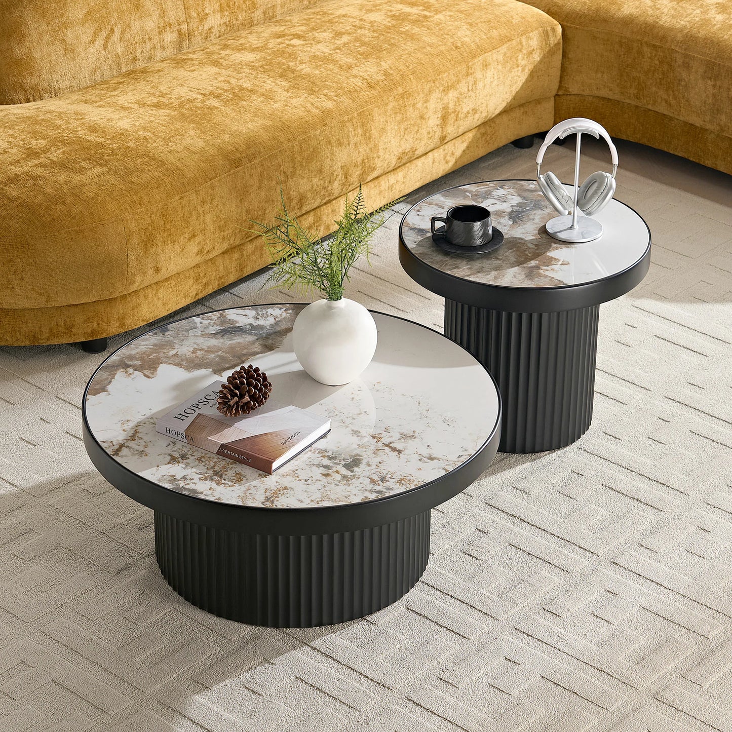 31.50“ Set of 2 MDF Round Coffee Tables with Sintered Stone Top - Black