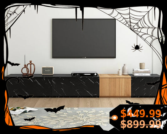 Modern TV Stand with Faux Marble & Walnut Finish for 88" TVs, 4-Drawer
