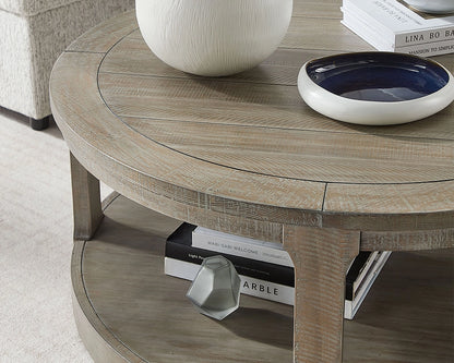 40-Inch Curved 2-Tier Round Wooden Coffee Table with Wheels, Mid-Century Rustic Style