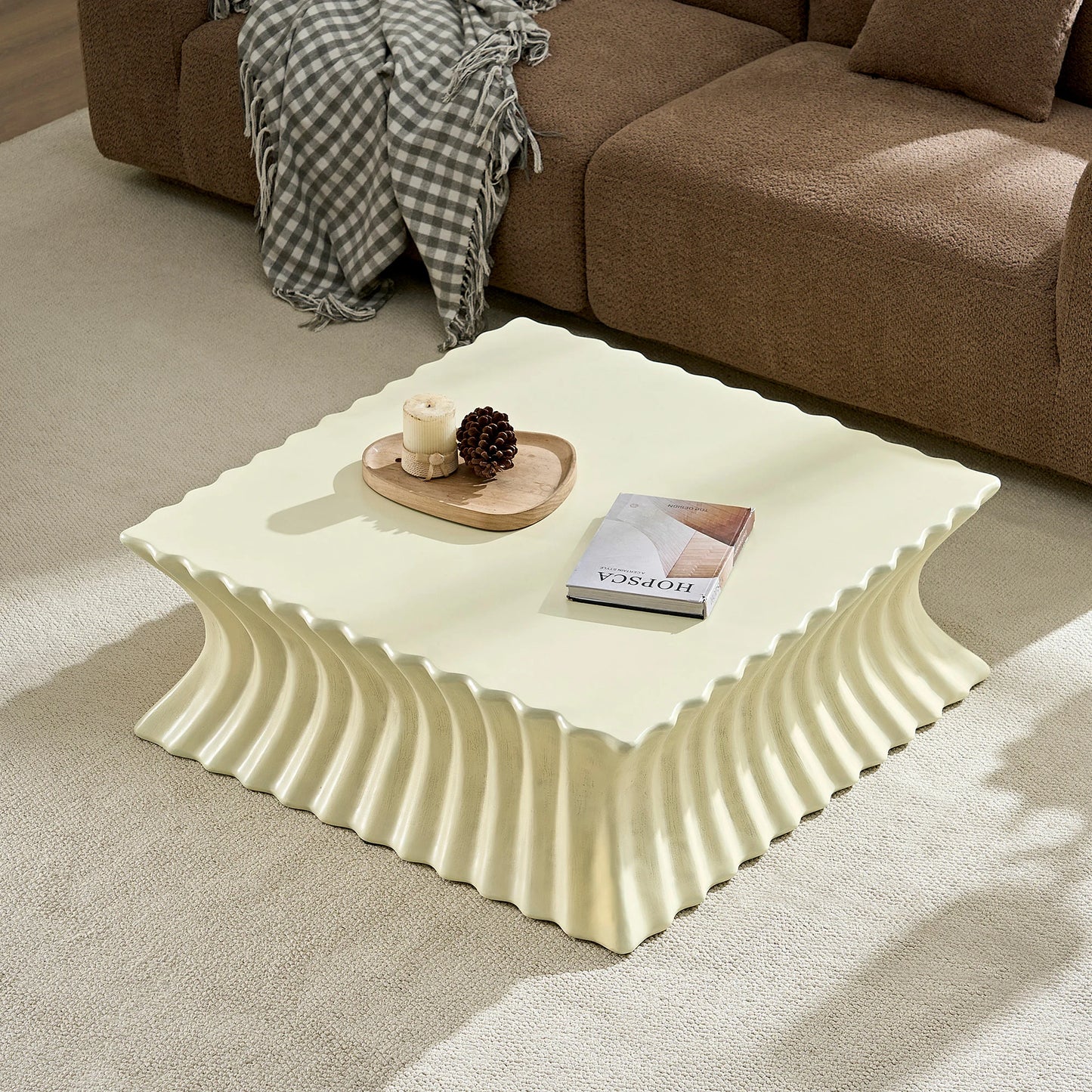 35.43" Square Fiberglass Coffee Table – No Assembly, Beige
