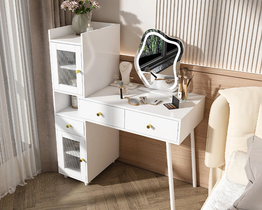 Adjustable LED Mirror Vanity Desk with Hidden Storage & Drawers