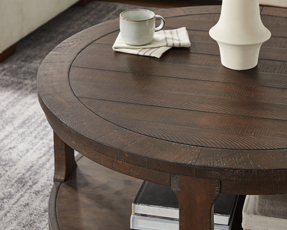 40-Inch Curved 2-Tier Round Wooden Coffee Table with Wheels, Mid-Century Rustic Style