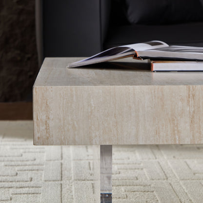 34.65'' Square Faux Travertine Coffee Table with Acrylic Legs, Modern MDF Design