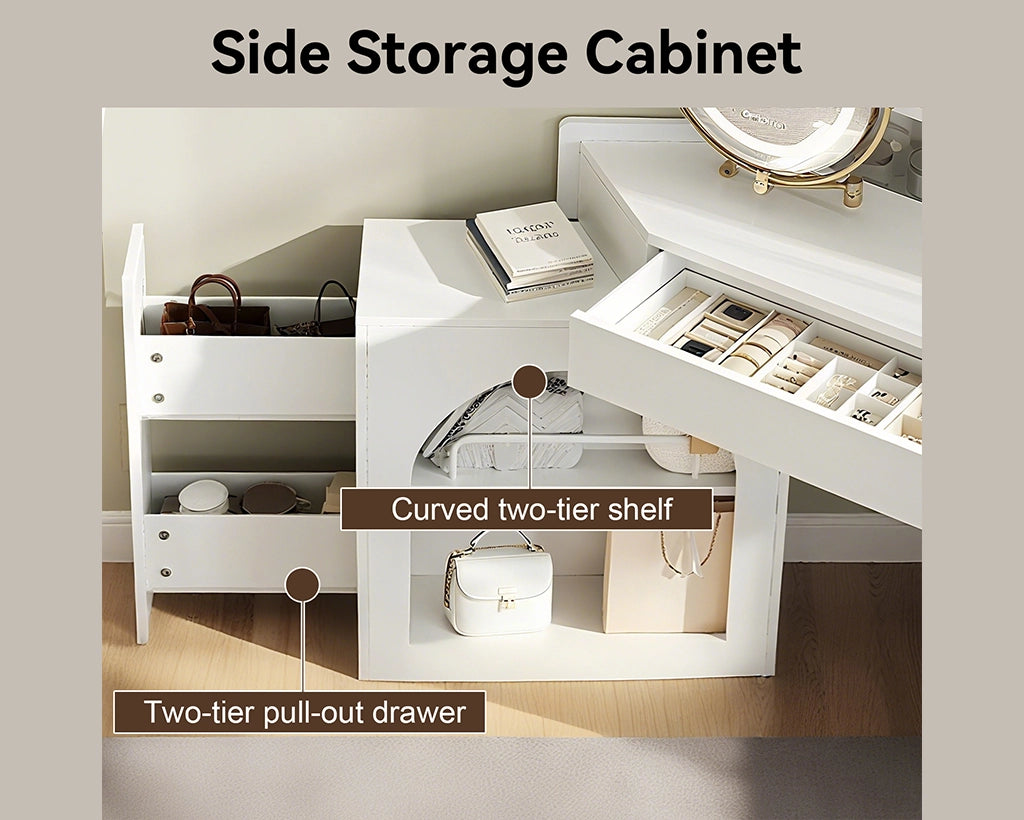 Corner Makeup Vanity Desk with LED Lights, Storage & Stool