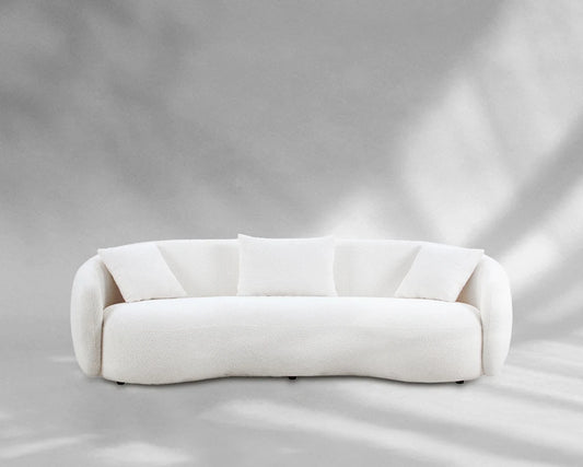Mid-Century Modern Curved 4-Seat Boucle Sofa – Off-White Fabric Couch