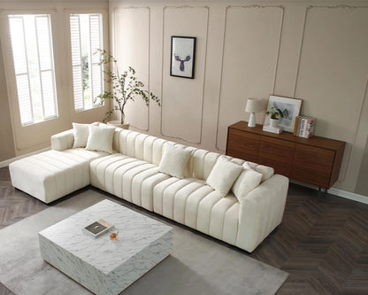 139'' Channel Velvet Material Tufted Sofa Velvet Upholstered Left Chaise Modular Sofa beige