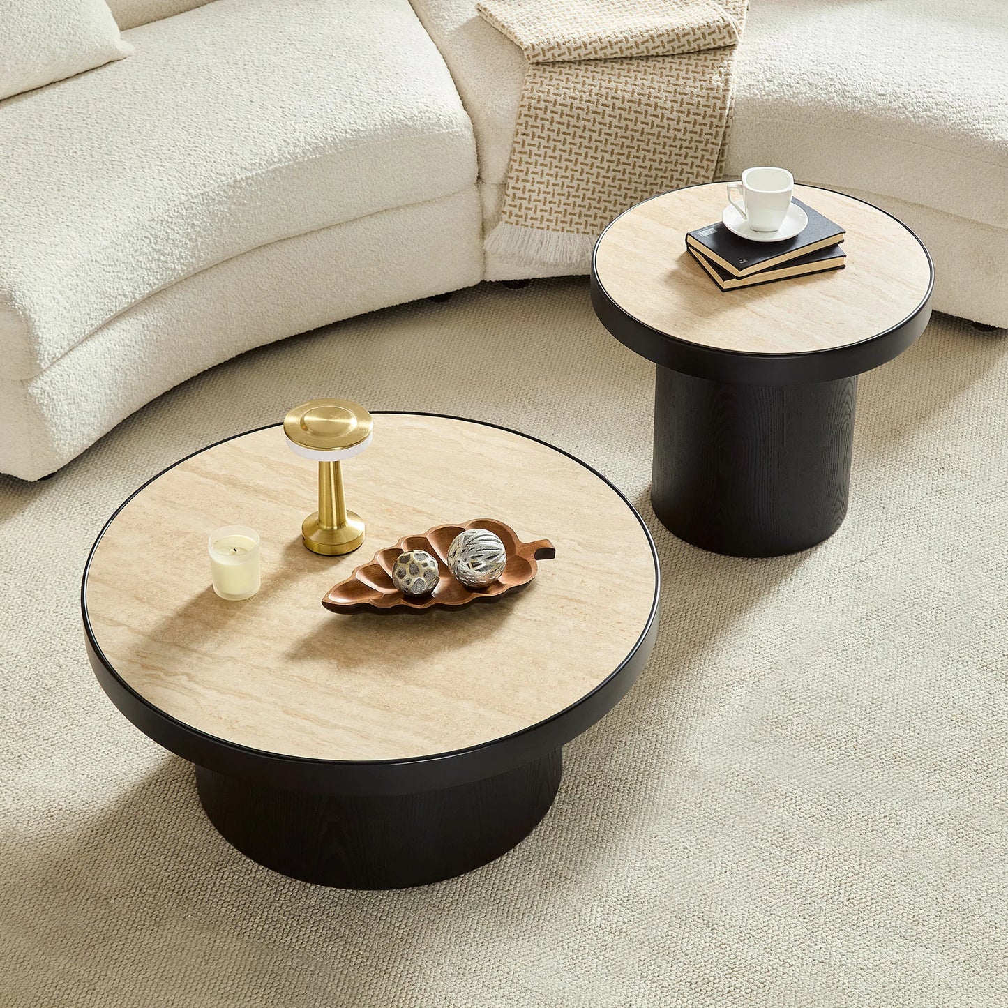 31.50“ Set of 2 MDF Round Coffee Tables with Sintered Stone Top - Black