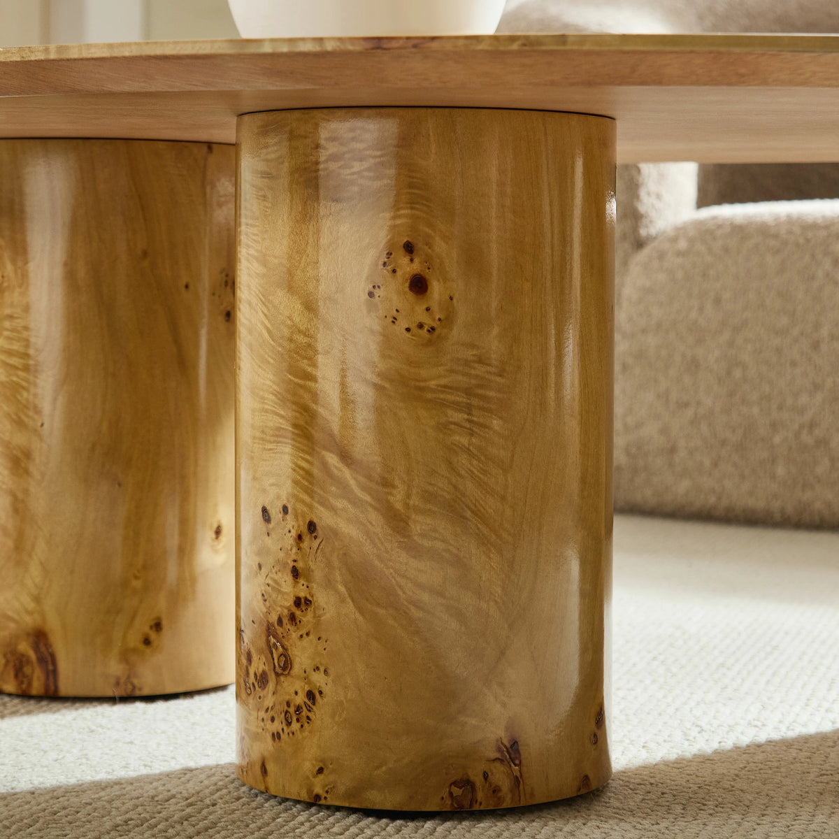 43.31" Burl Veneer Oval Coffee Table – 3 Cylindrical Legs, Mid-Century