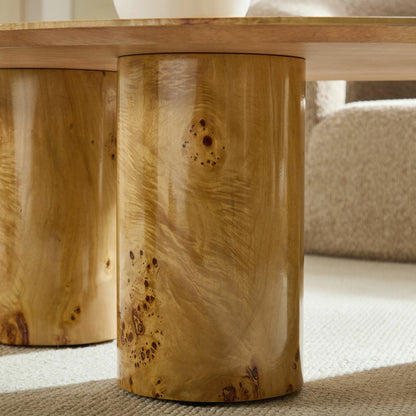 43.31" Burl Veneer Oval Coffee Table – 3 Cylindrical Legs, Mid-Century