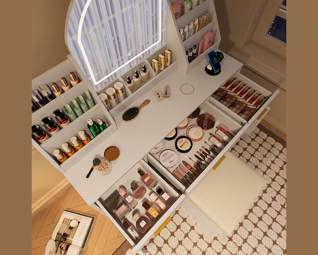 47.2" Makeup Vanity Set with LED Mirror, Storage Stool & Drawers - White
