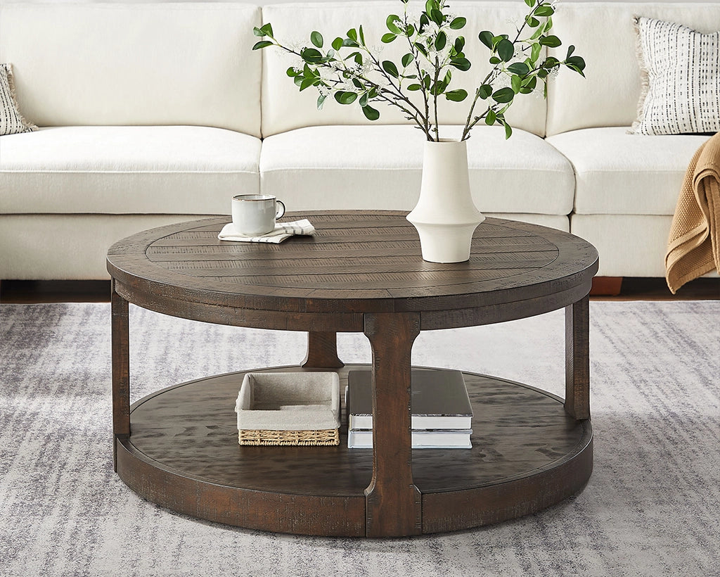 40-Inch Curved 2-Tier Round Wooden Coffee Table with Wheels, Mid-Century Rustic Style