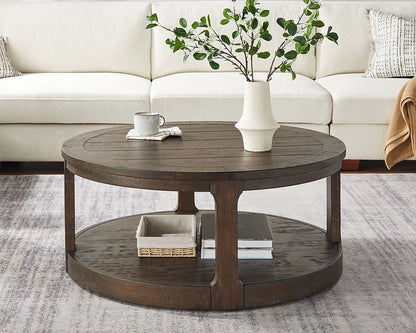 40-Inch Curved 2-Tier Round Wooden Coffee Table with Wheels, Mid-Century Rustic Style