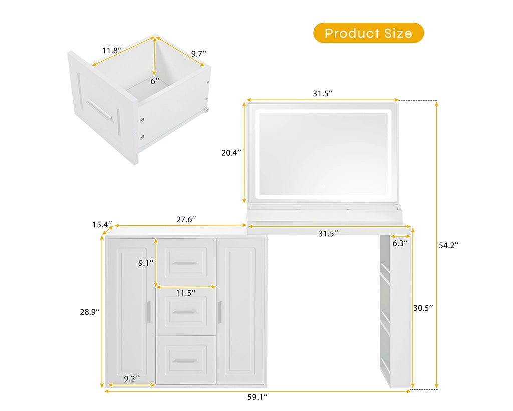 59" Lighted Mirror Vanity Desk with Drawers & Cabinets - White
