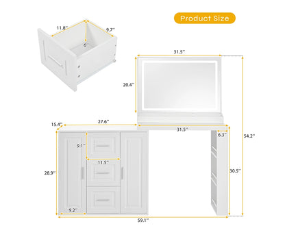 59" Lighted Mirror Vanity Desk with Drawers & Cabinets - White