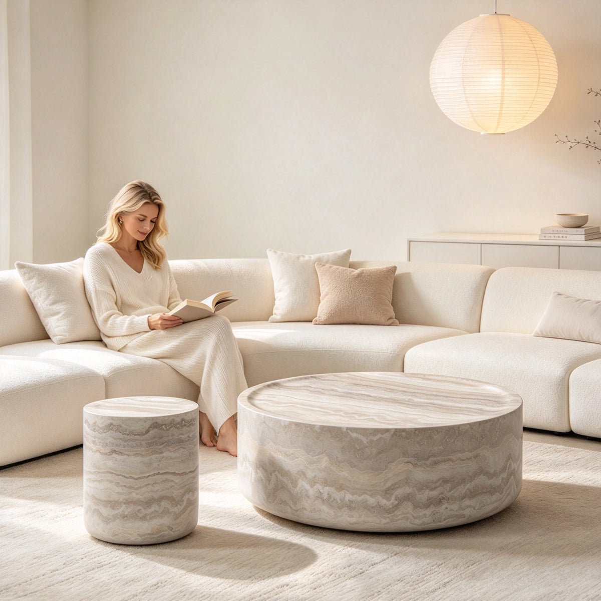 35.4"+15.7" Set of 2 Faux Mars Marble Round Coffee Tables