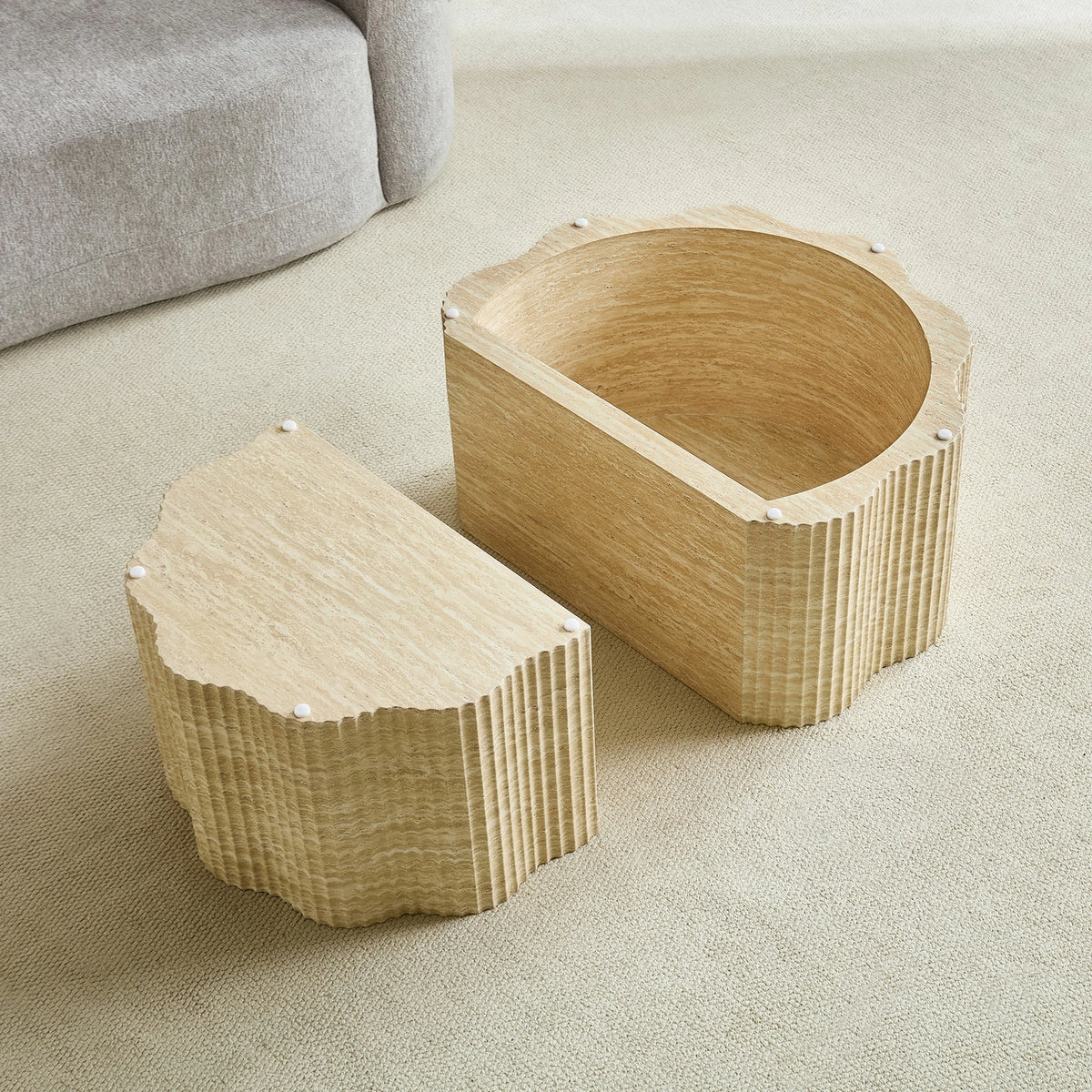 39.61" Pet House Travertine 2-Piece Round Coffee Table Set – No Assembly