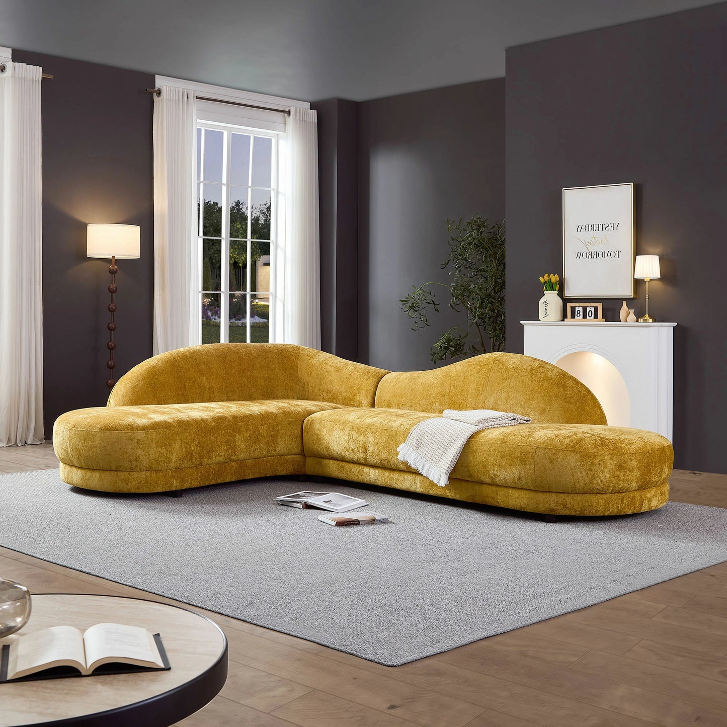 113.78" Mid-Century Chaise Sofa – Right Facing, Upholstered, Yellow