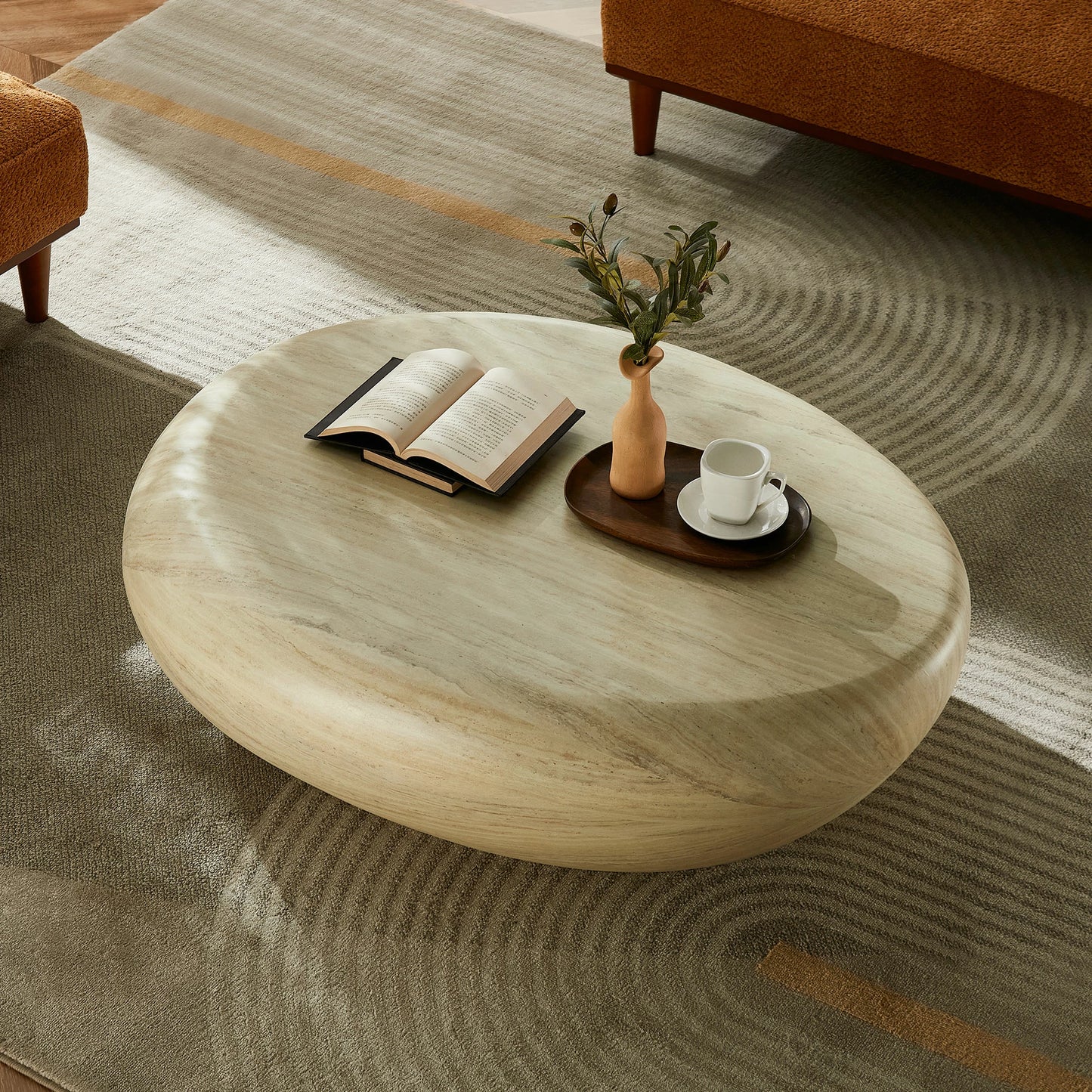 43.31" Elliptical Fiberglass Coffee Table – Matte Rock Texture, No Assembly