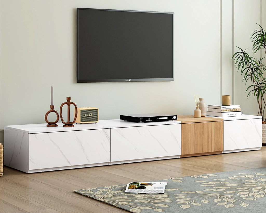 Modern TV Stand with Faux Marble & Walnut Finish for 88" TVs, 4-Drawer