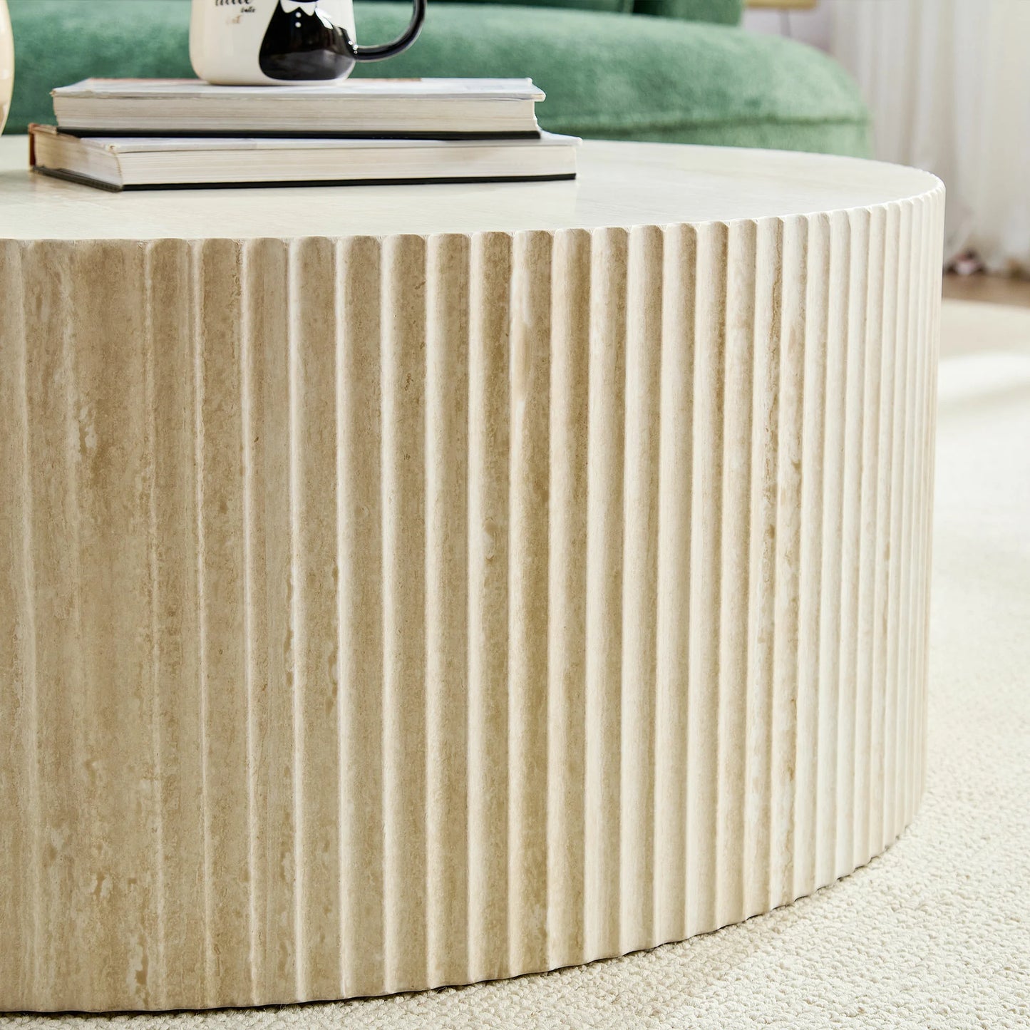 Faux Travertine Round Coffee Table with Eye-Catching Relief Design