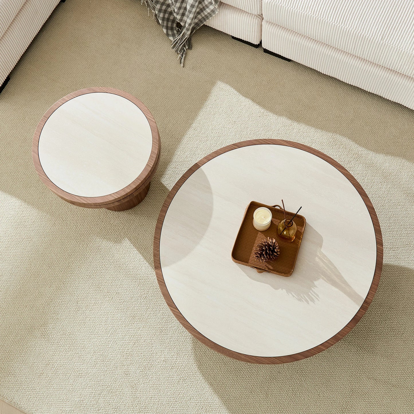 Set of 2 Round Coffee Tables – Sintered Stone Top, Walnut