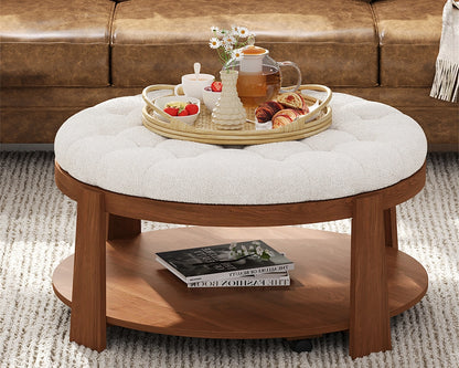 Modern Large Round Ottoman Coffee Table 2-Tier Oversized Button Tufted Ottoman