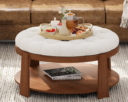 Modern Large Round Ottoman Coffee Table 2-Tier Oversized Button Tufted Ottoman