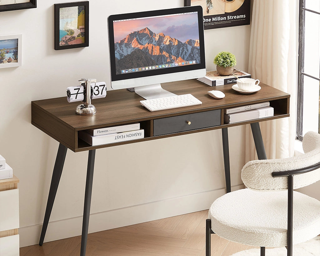 47.24" Mid Century Desk with USB Ports and Power Outlet, Modern Writing Study Desk with Drawers