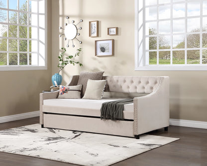Daybed with Trundle Upholstered Tufted Sofa Bed, with Button and Copper Nail on Arms