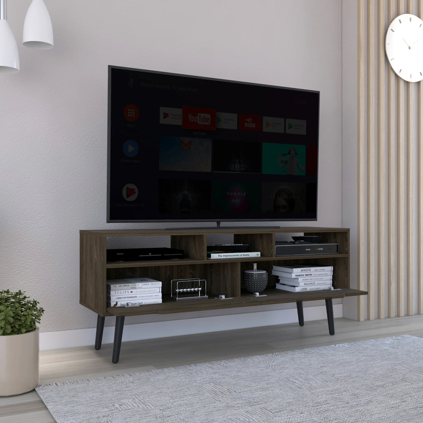 TV Stand for 52" TVs with 3 Open Shelves & 2 Drawers, Walnut Finish