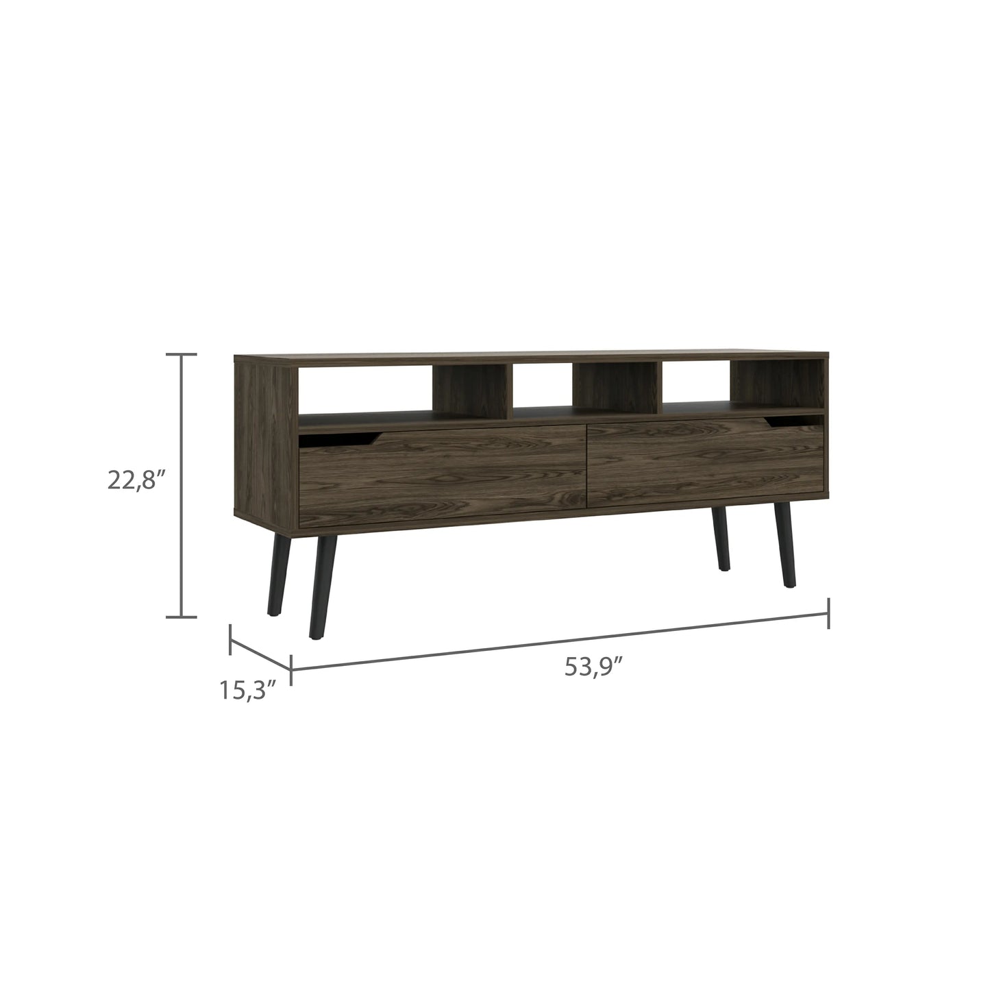 TV Stand for 52" TVs with 3 Open Shelves & 2 Drawers, Walnut Finish