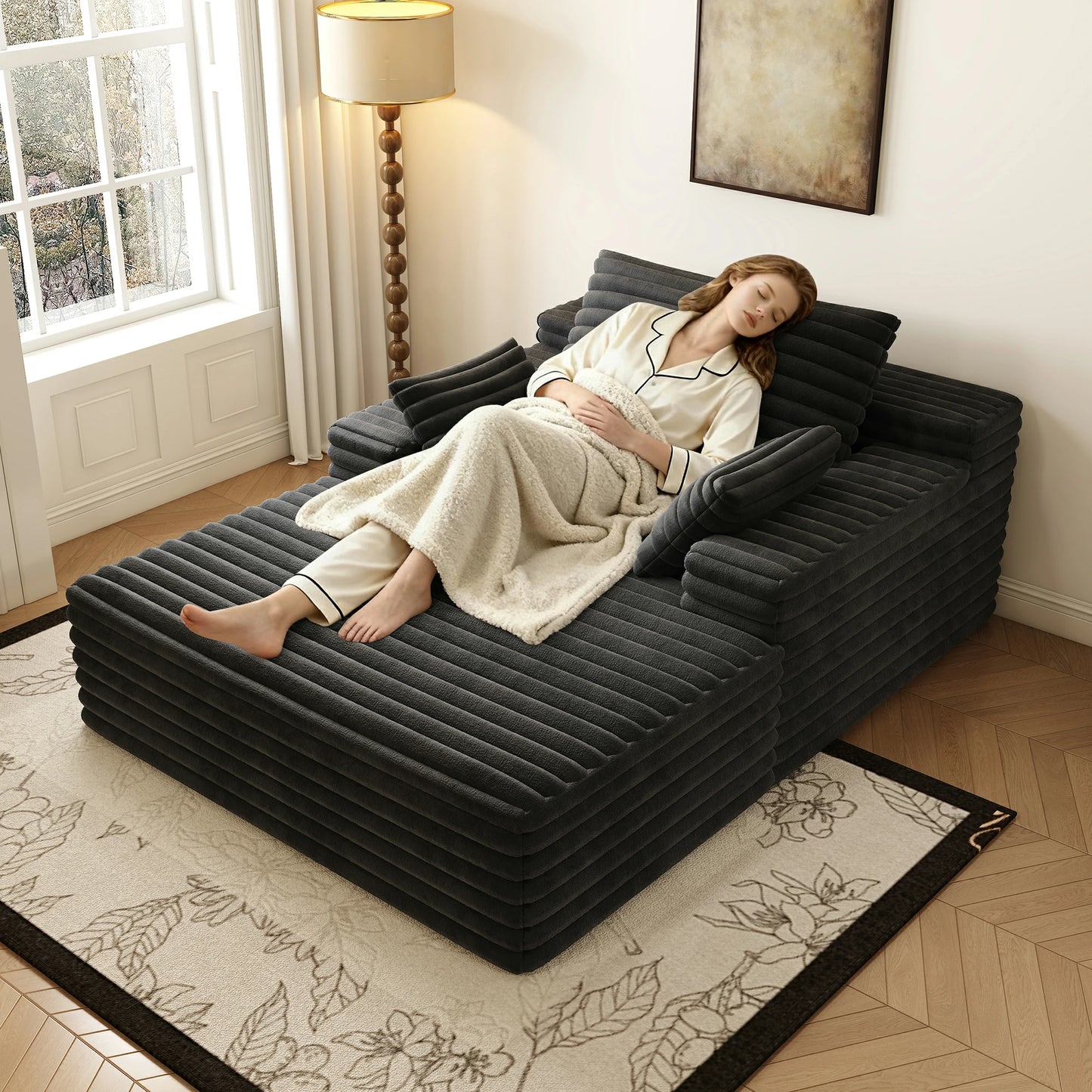 63"x47" Modern Sofa Bed Lounger – No Assembly, Black Corduroy