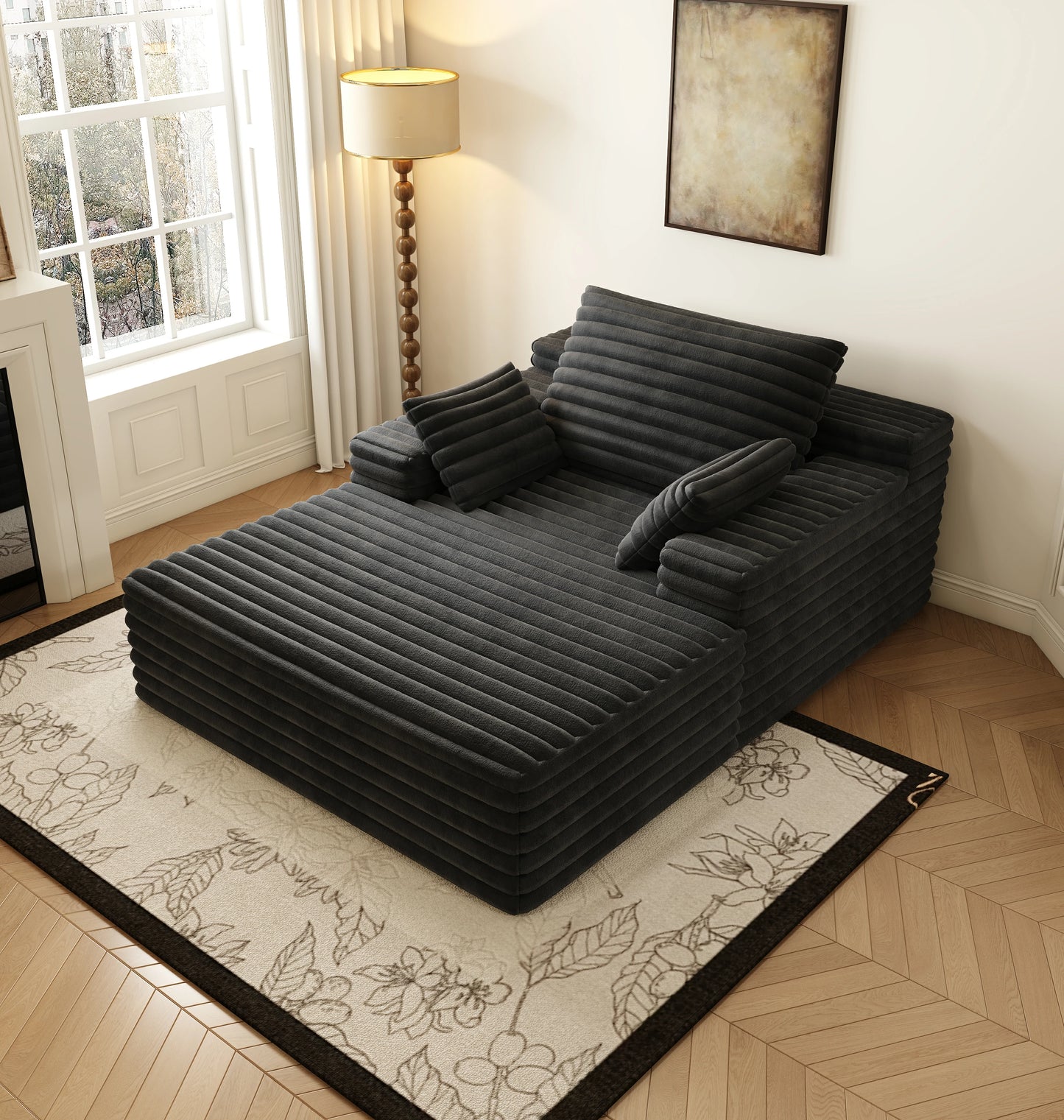 63"x47" Modern Sofa Bed Lounger – No Assembly, Black Corduroy