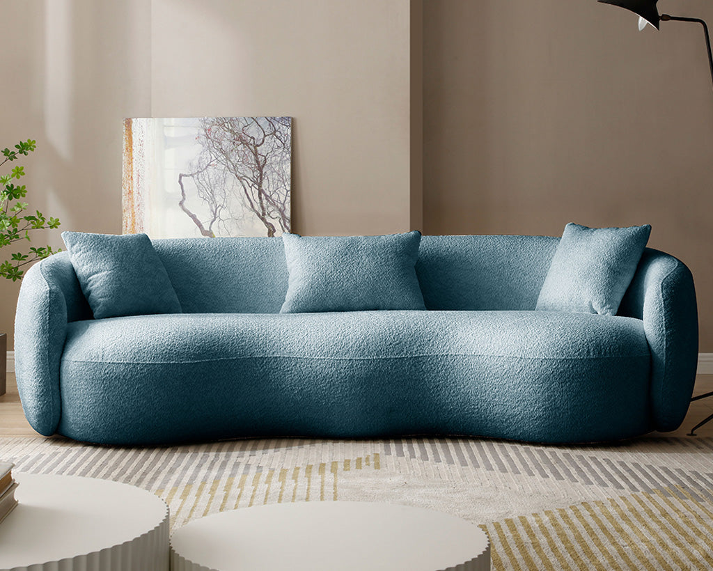 94.00" Mid-Century Modern Curved 4-Seat Boucle Sofa – Off-White Fabric Couch