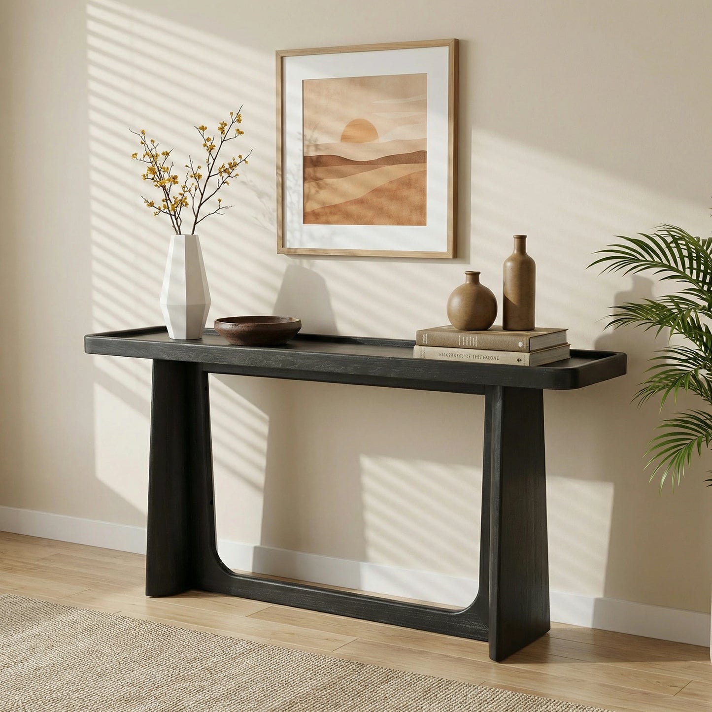 Farmhouse Console Table – Tray Top, Solid Wood Frame, Black