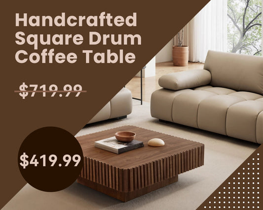 35.43" Handcrafted Square Drum Coffee Table - Modern Wooden Design with Sturdy MDF Pedestal