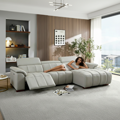 113"Piano Key 3 Seat Modern Electric Control Genuine Leather L Shaped Couch Built-In USB