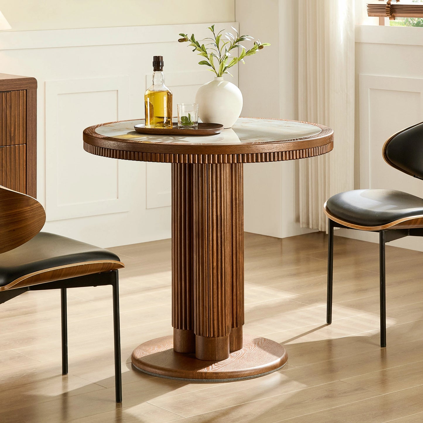 33.07" Round Bistro Table – Sintered Stone Top, Solid Wood Frame, Mid-Century