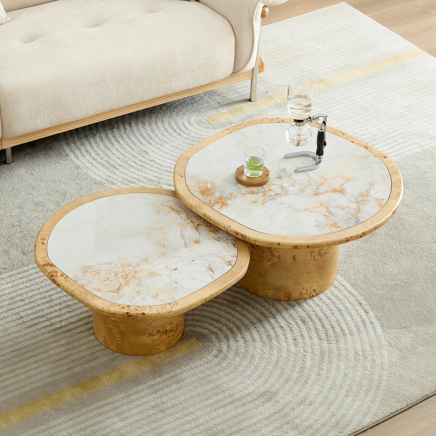 Irregular 2-Piece Coffee Table Set – Burl Veneer & Sintered Stone Top