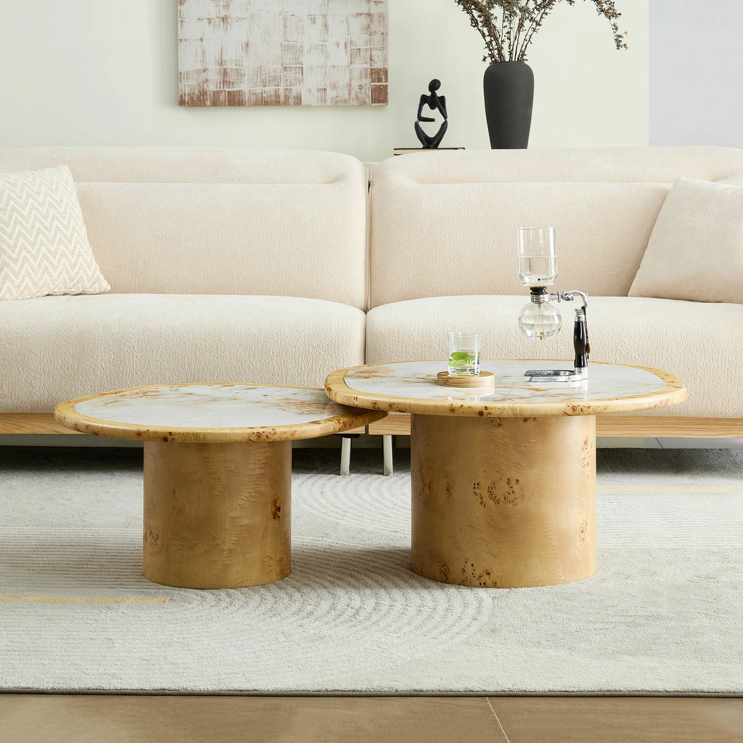 Irregular 2-Piece Coffee Table Set – Burl Veneer & Sintered Stone Top